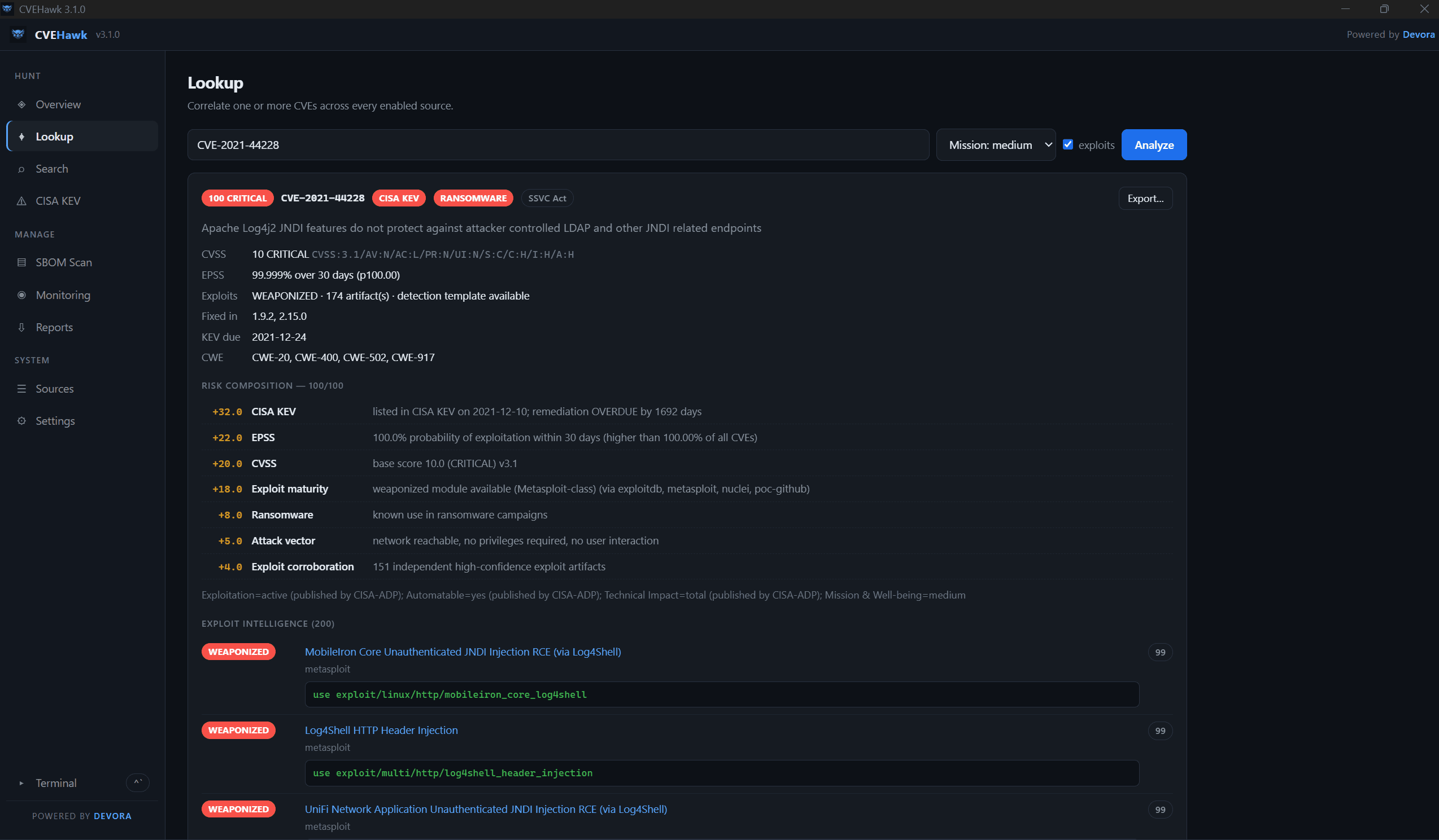 CVEHawk lookup for CVE-2021-44228 with risk composition and weaponized exploit modules