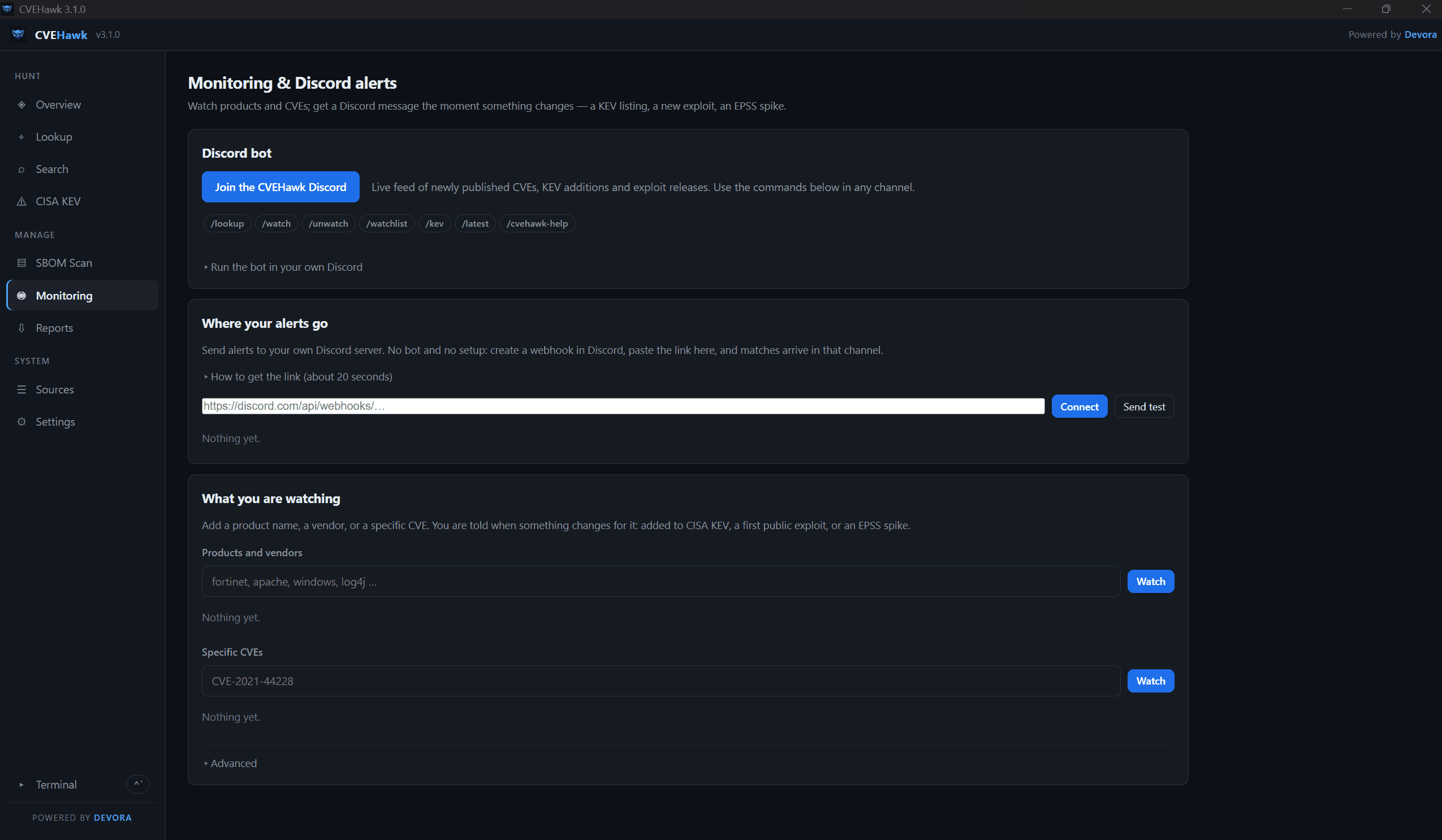 CVEHawk monitoring: Discord bot commands, webhook alerts and the product watchlist