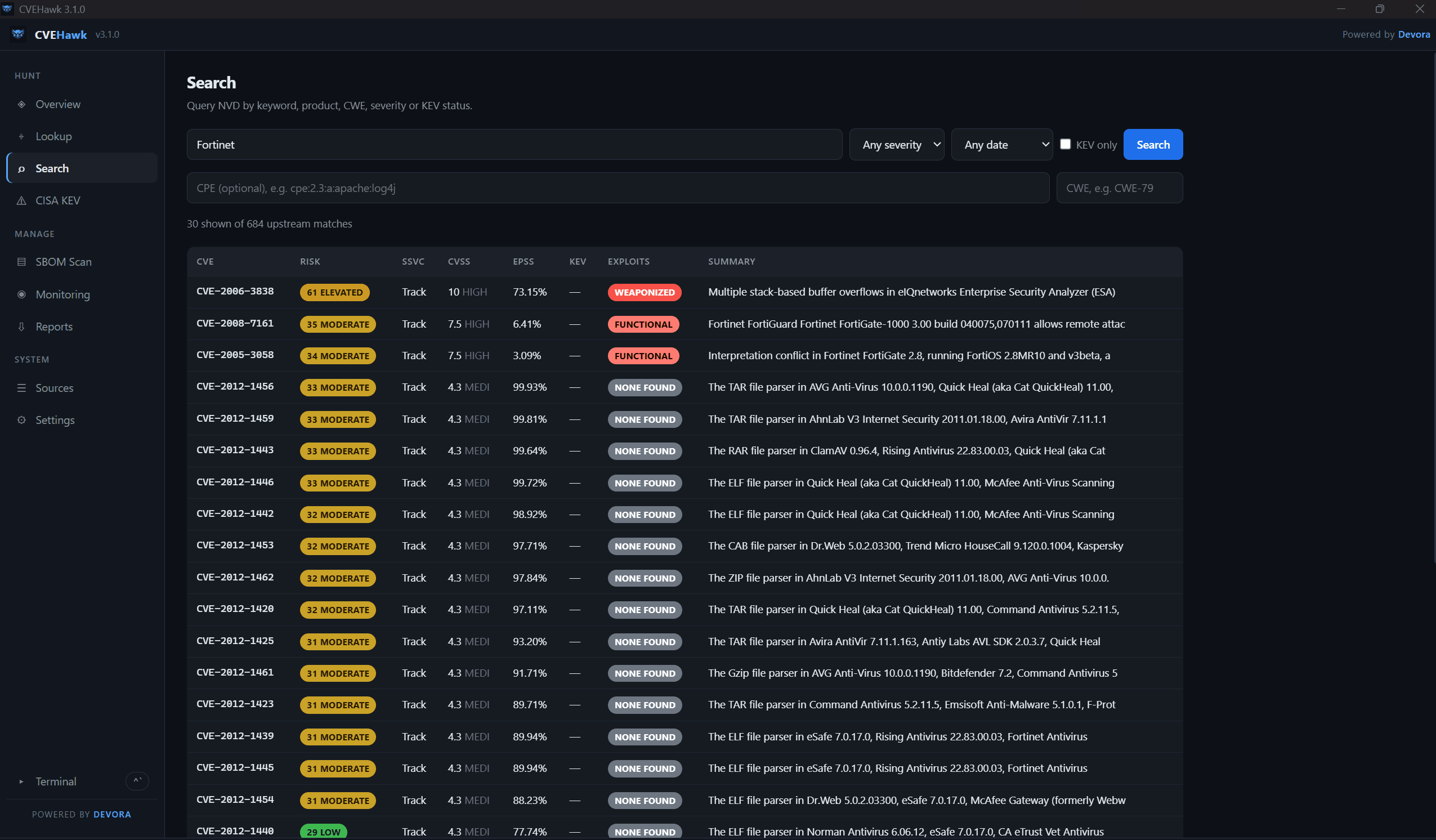 CVEHawk search across NVD, ranked by real-world risk